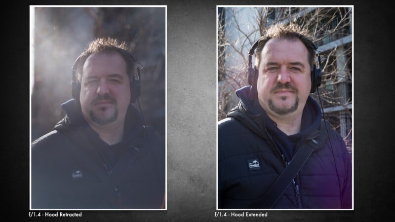A side-by-side comparison of a man wearing headphones, showing the effect of a lens hood on lens flare when shooting into the sun.