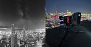 A split-screen view showing a black-and-white cityscape with a starry sky on the left and a professional cinema camera on a tripod overlooking a city at night on the right.