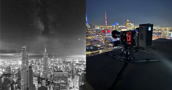 A split-screen view showing a black-and-white cityscape with a starry sky on the left and a professional cinema camera on a tripod overlooking a city at night on the right.