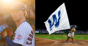 A split-screen image shows a Chicago Cubs baseball player in a pinstriped jersey on the left and the team mascot waving a large white "W" flag on a baseball field at night on the right.