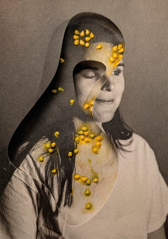 A black-and-white portrait of a woman is partially obscured by a curved cutout in the paper, revealing yellow seeds scattered across her face and chest.
