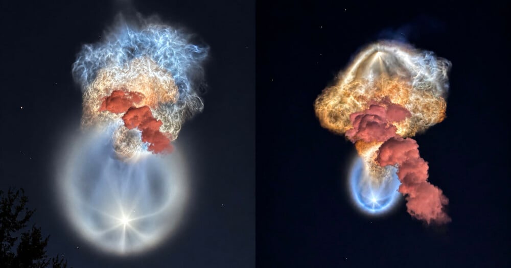 Two side-by-side views of a rocket launch plume in the night sky, showing glowing blue, orange, and red exhaust clouds.