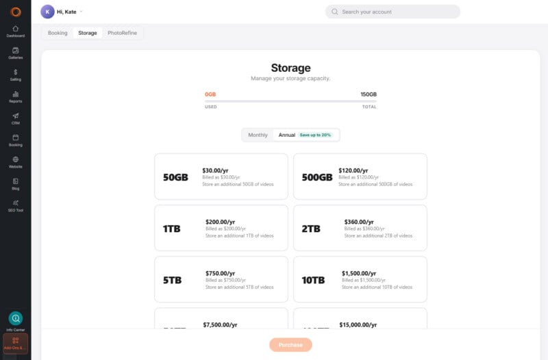 A storage management dashboard showing current usage of 0GB out of 150GB and various annual pricing plans for additional storage ranging from 50GB to 10TB.