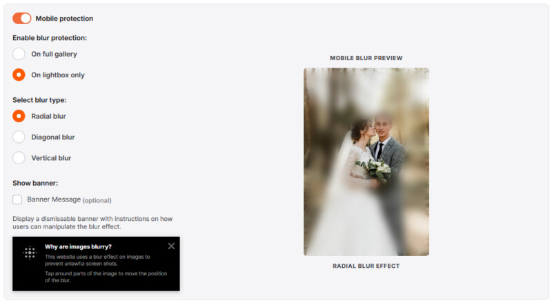 A settings menu for mobile protection with options for blur placement, blur type, and a banner preview showing a blurred wedding photograph.