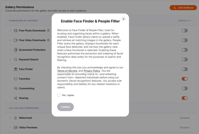 A modal window titled Enable Face Finder & People Filter appears over a Gallery Permissions settings page, requiring the user to agree to terms before enabling facial recognition features.