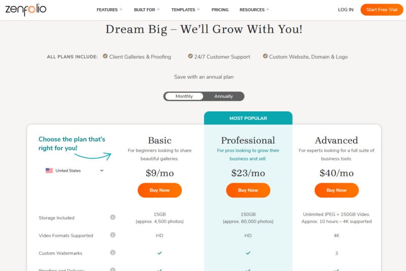 Zenfolio pricing page showing three subscription plans: Basic at $9/mo, Professional at $23/mo, and Advanced at $40/mo.