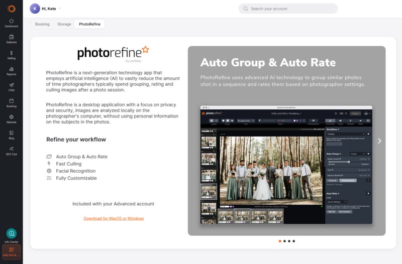 A Zenfolio dashboard page promoting the PhotoRefine desktop application, which uses AI for automated photo grouping, rating, and culling.