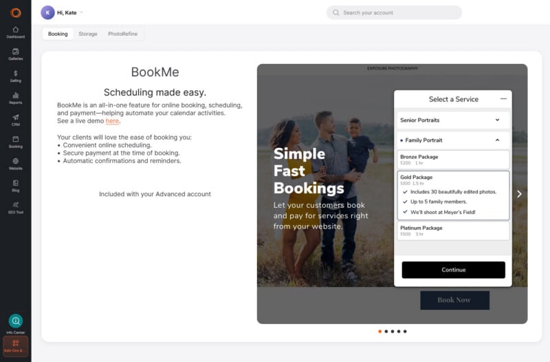 A dashboard interface for a photography booking service showing a "BookMe" feature description and a preview of a service selection menu for family portraits.