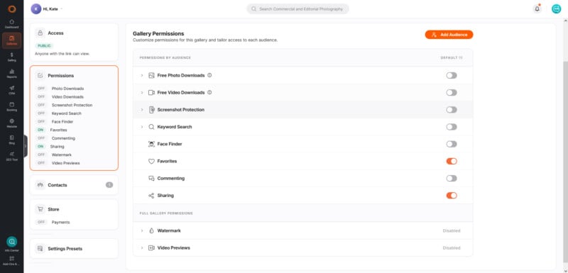 A software interface showing gallery permissions with toggles for features like photo downloads, video downloads, screenshot protection, keyword search, face finder, favorites, commenting, and sharing.