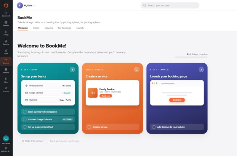A dashboard for a booking tool called BookMe, featuring a three-step setup guide for configuring basics, creating a service, and launching a booking page.