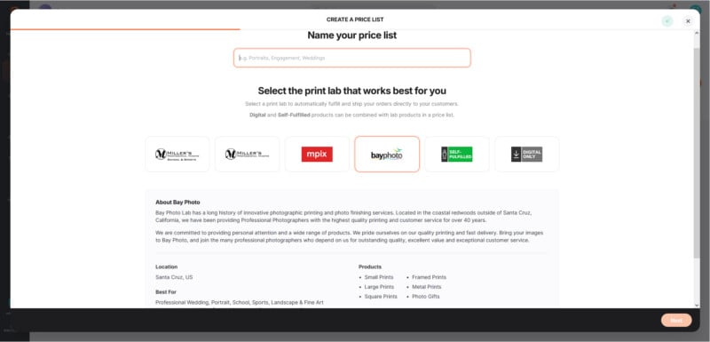 A modal window titled "Create a price list" prompts the user to name their list and select a print lab from several options.