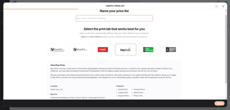 A modal window titled "Create a price list" prompts the user to name their list and select a print lab from several options.