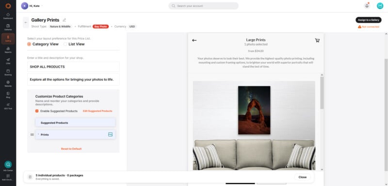A digital interface for a photography shop showing a preview of a large print of a night sky landscape hanging above a sofa.
