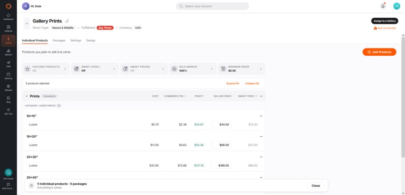 A digital dashboard for Gallery Prints showing a list of selected photography products with their associated costs, commerce fees, profits, and selling prices.