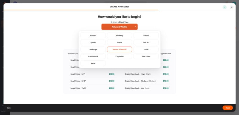 A modal window titled "Create a Price List" displays a dropdown menu for selecting a "Shoot Type," with "Nature & Wildlife" currently selected and a list of other categories like "Portrait," "Wedding," and "School" visible below it.