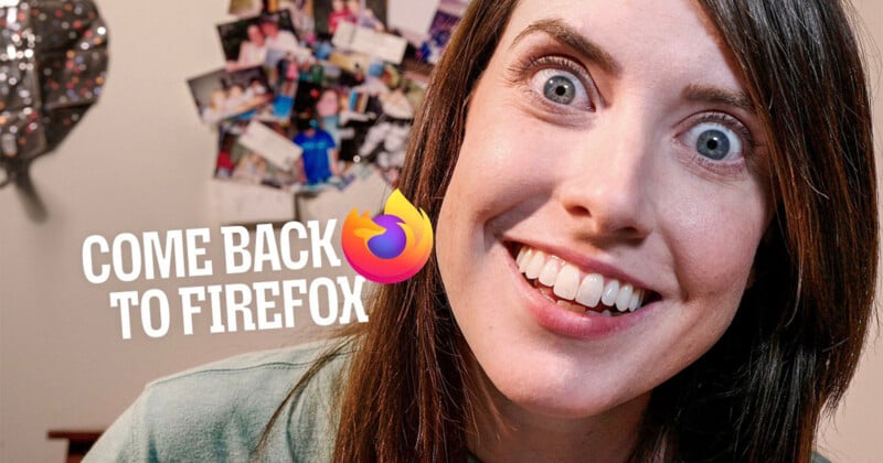 A woman with wide eyes and a broad smile looks at the camera next to the text "COME BACK TO FIREFOX" and the Firefox logo.