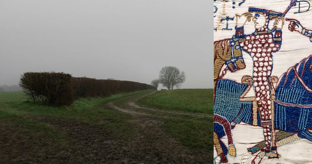 A split-screen image showing a muddy, foggy rural path next to a close-up section of the Bayeux Tapestry depicting a mounted knight.
