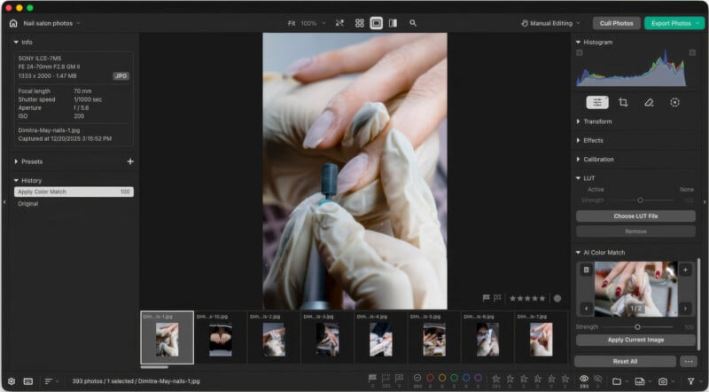 A computer screen displays a photo editing software interface showing a close-up of a manicurist using an electric nail file on a client's fingernail.