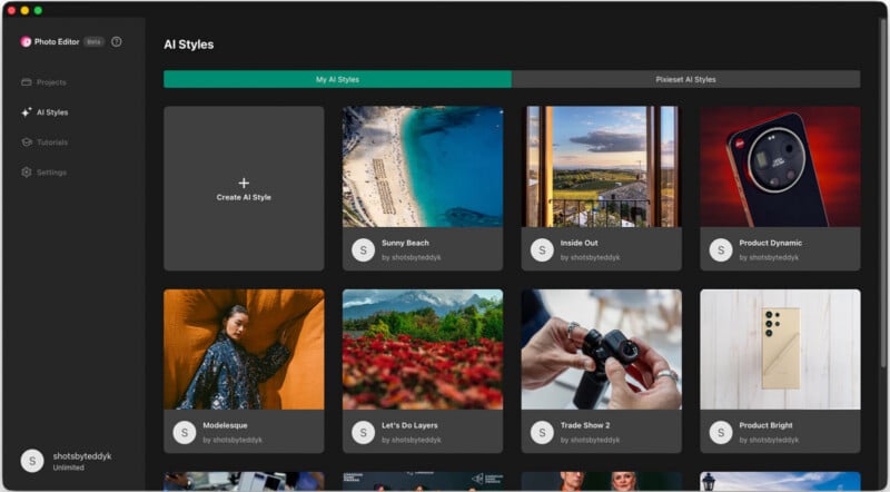 A Pixieset AI Styles interface showing a grid of user-created photo presets with titles like Sunny Beach, Inside Out, and Product Dynamic.