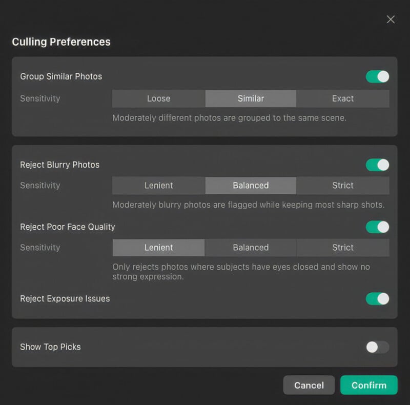 A Culling Preferences settings menu with toggles for grouping similar photos, rejecting blurry photos, rejecting poor face quality, rejecting exposure issues, and showing top picks.