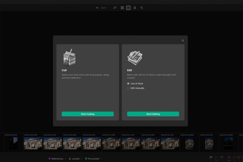 A software interface window displays two options: "Cull" with a "Start Culling" button, and "Edit" with "Use AI Style" or "Edit manually" radio buttons and a "Start Editing" button, over a filmstrip of photo thumbnails.