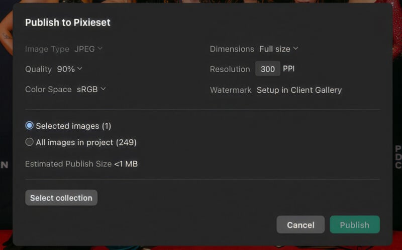 A Pixieset publish dialog box showing settings for JPEG image type, full size dimensions, 90% quality, and 300 PPI resolution.