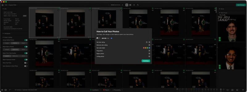 A software interface displays a grid of photo thumbnails with a pop-up window explaining keyboard shortcuts for culling images.