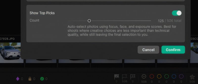 A dialog box titled Show Top Picks displays a slider set to 125 out of 506 total photos, with a description of the auto-select feature and buttons for Cancel and Confirm.
