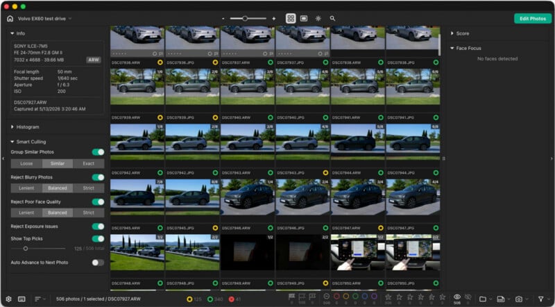 A software interface displays a grid of thumbnails showing a Volvo EX60 in various outdoor and interior settings, with metadata and culling tools in the side panels.