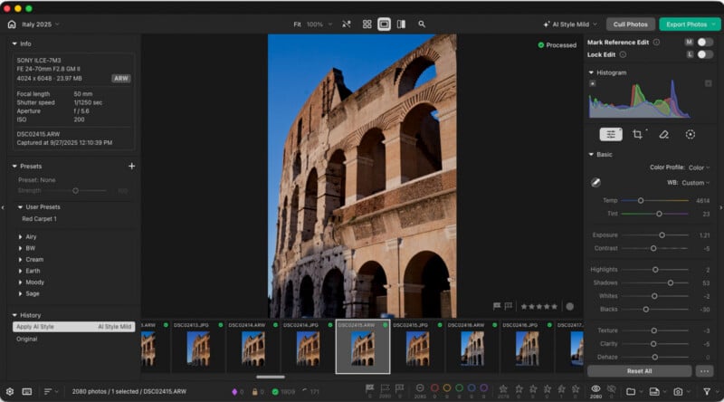 A photo editing software interface displays a raw image of the Colosseum in Rome with various adjustment sliders and metadata visible in the side panels.