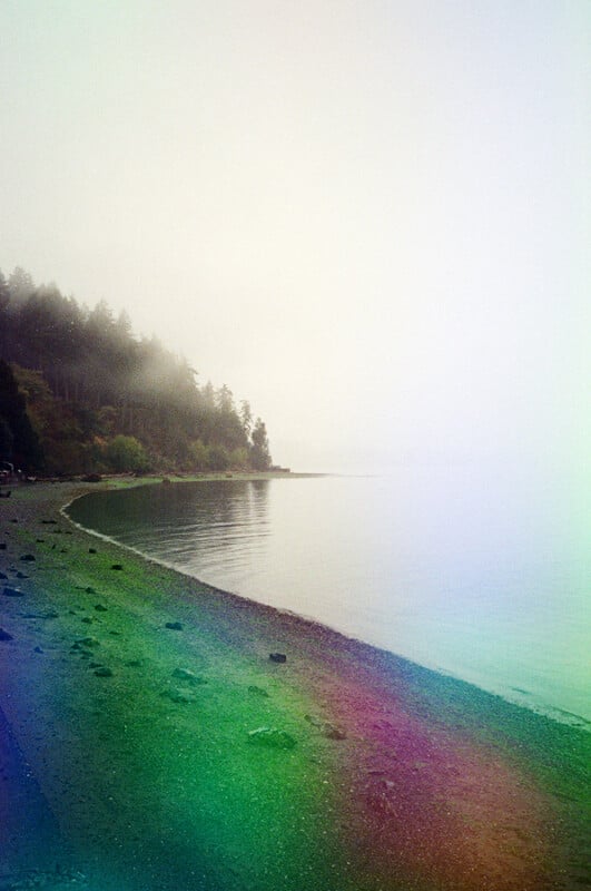A misty, fog-covered shoreline curves along a calm body of water, with a forest on the left and a rainbow light leak effect.