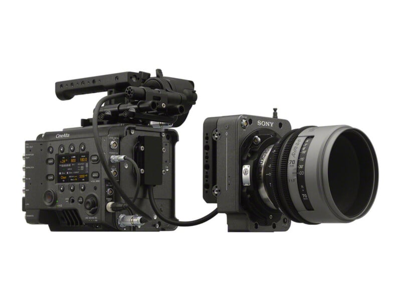 A Sony CineAlta cinema camera with a detached sensor block connected by a cable, featuring a Gecko-Cam lens attached to the front.