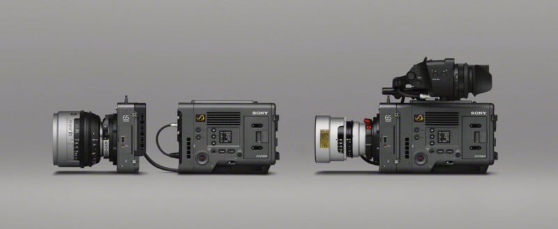 Two Sony Venice cinema cameras shown from the side, one in a tethered Rialto configuration and the other in a standard body configuration.