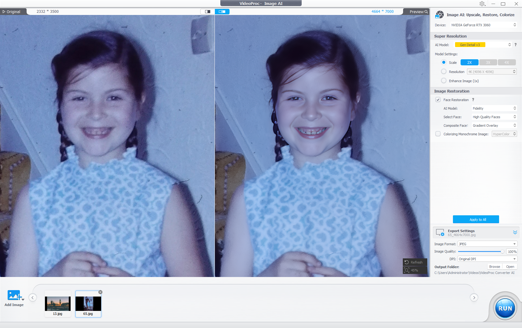 A split-screen view in VideoProc Image AI software shows a blurry original photo of a young girl on the left and an enhanced, sharpened version on the right.