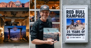 A three-panel image shows a Red Bull Rampage exhibition space, a man holding a photography book about the event, and a poster announcing the 25th anniversary exhibition in NYC.