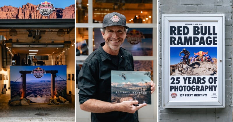A three-panel image shows a Red Bull Rampage exhibition space, a man holding a photography book about the event, and a poster announcing the 25th anniversary exhibition in NYC.