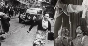 A split-screen image showing a woman running down a cobblestone street toward the camera on the left, and soldiers holding rifles and a flag on the right.