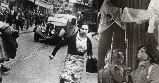 A split-screen image showing a woman running down a cobblestone street toward the camera on the left, and soldiers holding rifles and a flag on the right.