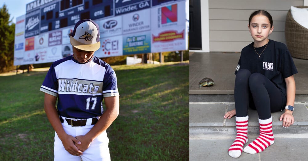 A split image showing a baseball player in a Wildcats uniform standing in front of a scoreboard and a girl sitting on steps next to a small turtle.