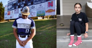 A split image showing a baseball player in a Wildcats uniform standing in front of a scoreboard and a girl sitting on steps next to a small turtle.