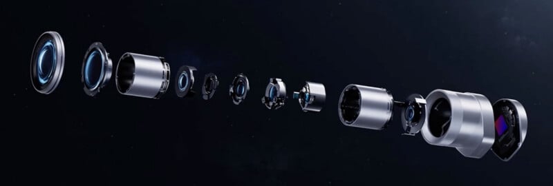 An exploded view of a camera lens assembly showing various internal glass elements, metal barrels, and the sensor at the rear against a dark background.