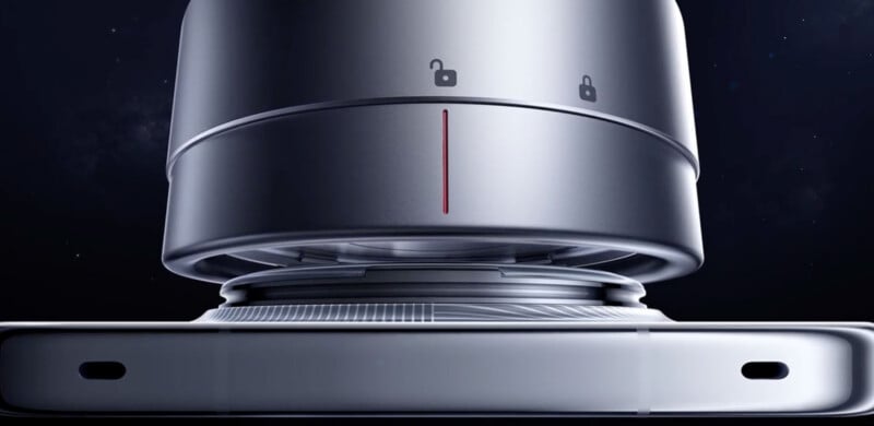 A close-up view of a metallic camera lens attachment being twisted onto a smartphone, indicated by a red alignment line between unlocked and locked icons.