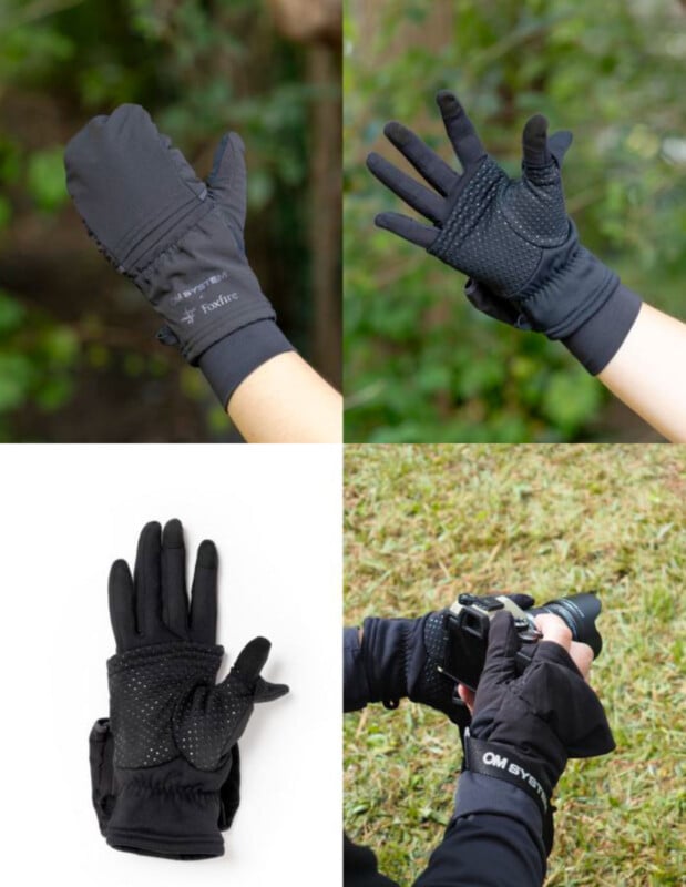A four-panel collage showing black convertible photography gloves with a fold-back mitten cover, featuring "OM SYSTEM" and "Foxfire" branding.