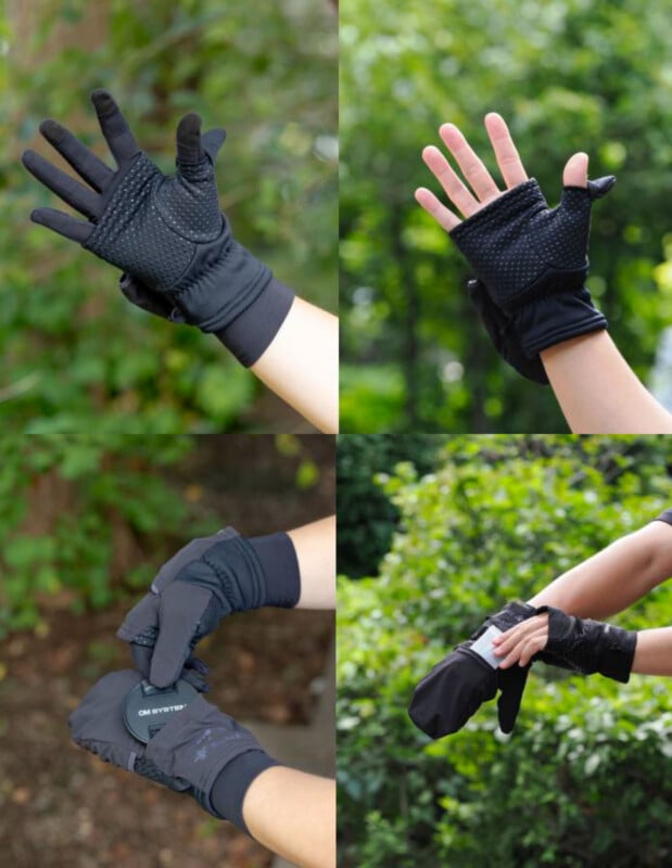A four-panel collage showing a person wearing black convertible photography gloves that can expose the fingers and thumb.