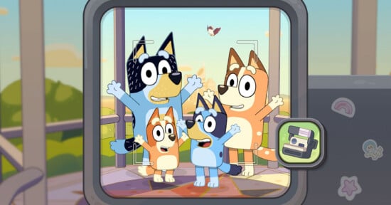 A digital camera screen displays a photo of the Heeler family—Bandit, Chilli, Bingo, and Bluey—posing together outdoors with a bird flying in the background.