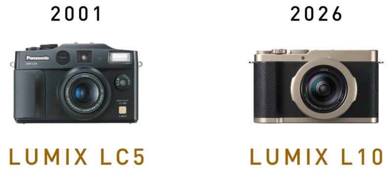 A comparison between a black Panasonic Lumix LC5 camera from 2001 and a modern-style Lumix L10 camera labeled 2026.