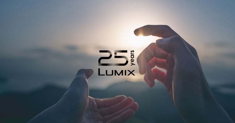 Two hands reach toward a setting sun against a blurred mountain landscape, with the text "25 years LUMIX" centered in the middle.