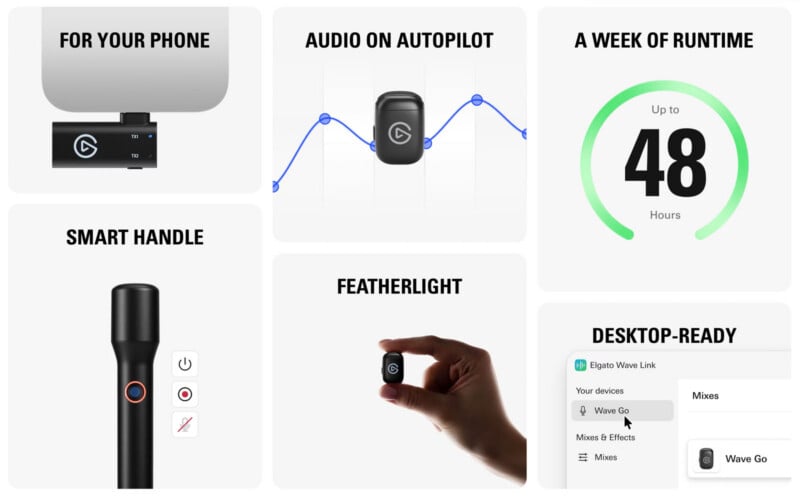 A collage of six panels highlighting features of the Elgato Wave Go microphone, including phone compatibility, battery life, and software integration.