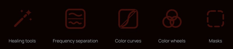 Five icons labeled Healing tools, Frequency separation, Color curves, Color wheels, and Masks arranged in a horizontal row.