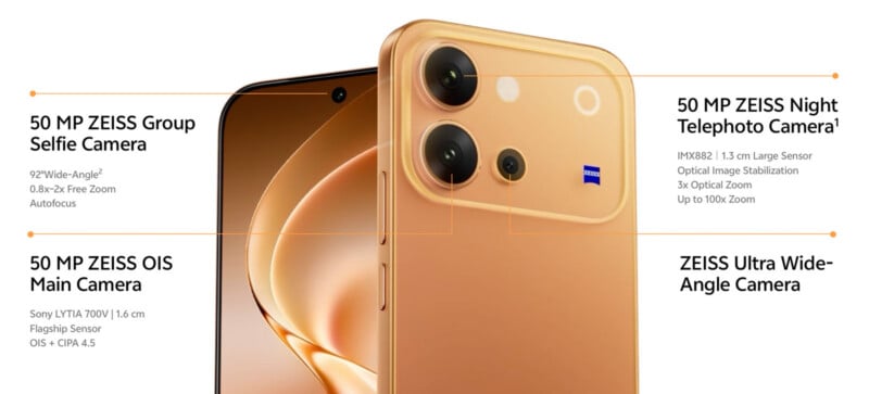 A gold smartphone is shown with callouts labeling its front-facing camera and three rear-facing camera lenses.